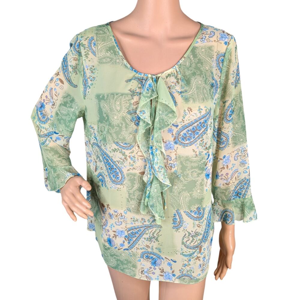 Vintage Y2K Apt 9 Green Blue Paisley Chiffon Ruffle Top L Whimsigoth Fairycore